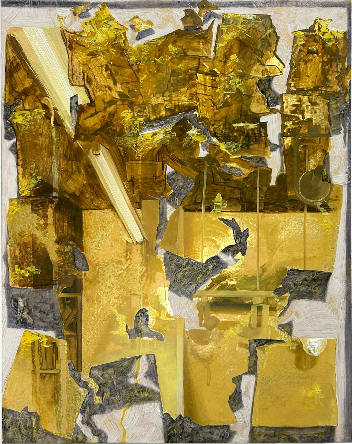 Studio Reflected in Gold Mirror 2, 2024, Oil paint and 18k gold on panel, 14 x 11"