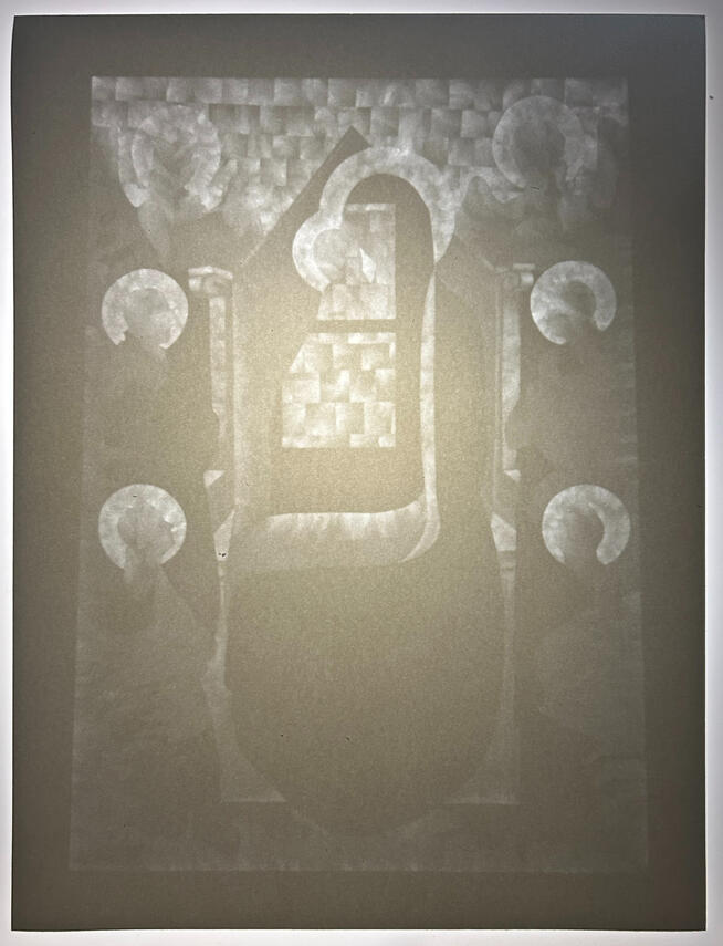 After Ghissi, 2024, carved paper and light, 16 x 12 inches