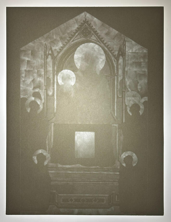 After Giotto 1, 2024, carved paper and light, 16 x 12 inches