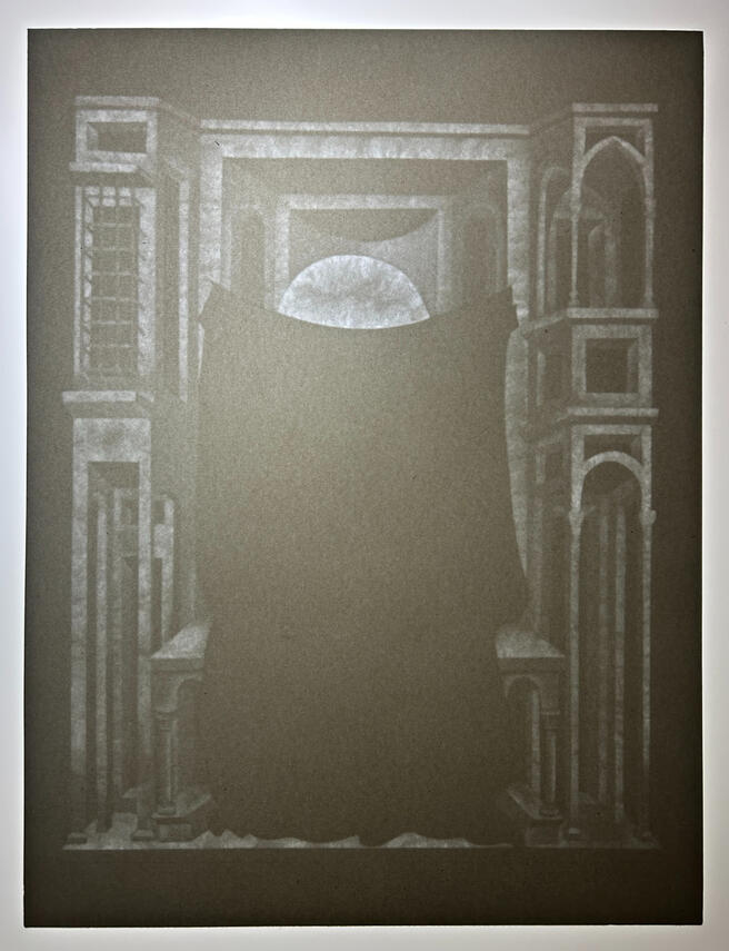 After Bohemian Painter, 2024, carved paper and light, 16 x 12 inches