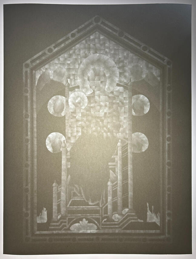 After Cimabue 2, 2024, carved paper and light, 16 x 12 inches